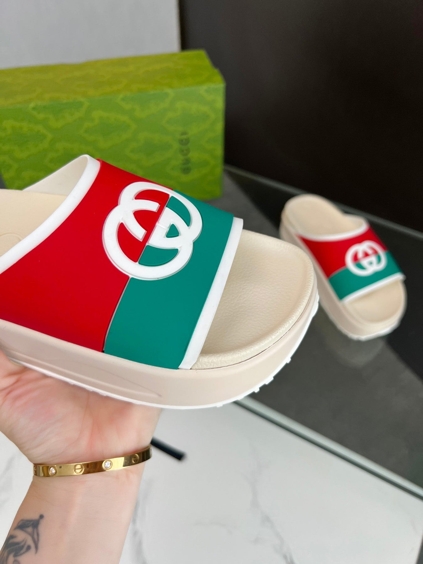 INTERLOCKING G SLIDE SANDAL IN WHITE MIX COLORFUL IMPORTED TPU