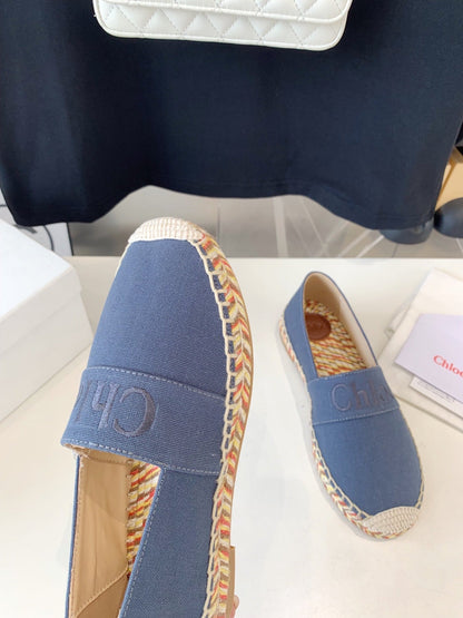LOAFER SHOES IN PIGEON BLUE DENIM AND WOVEN RAFFIA