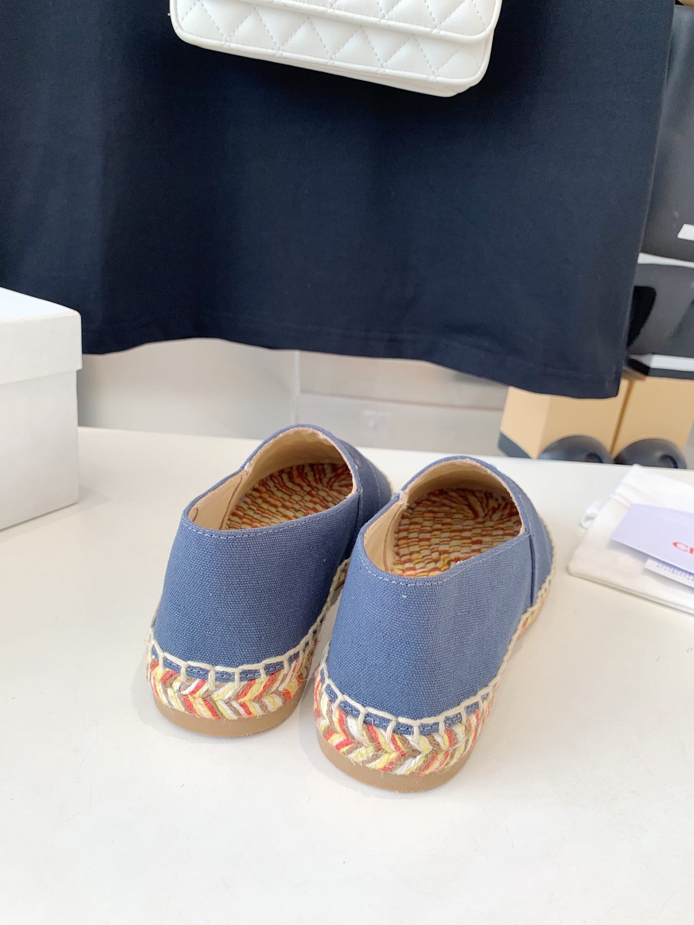 LOAFER SHOES IN PIGEON BLUE DENIM AND WOVEN RAFFIA