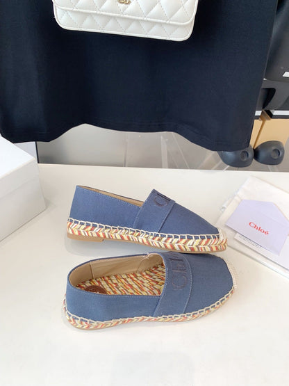 LOAFER SHOES IN PIGEON BLUE DENIM AND WOVEN RAFFIA