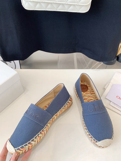 LOAFER SHOES IN PIGEON BLUE DENIM AND WOVEN RAFFIA