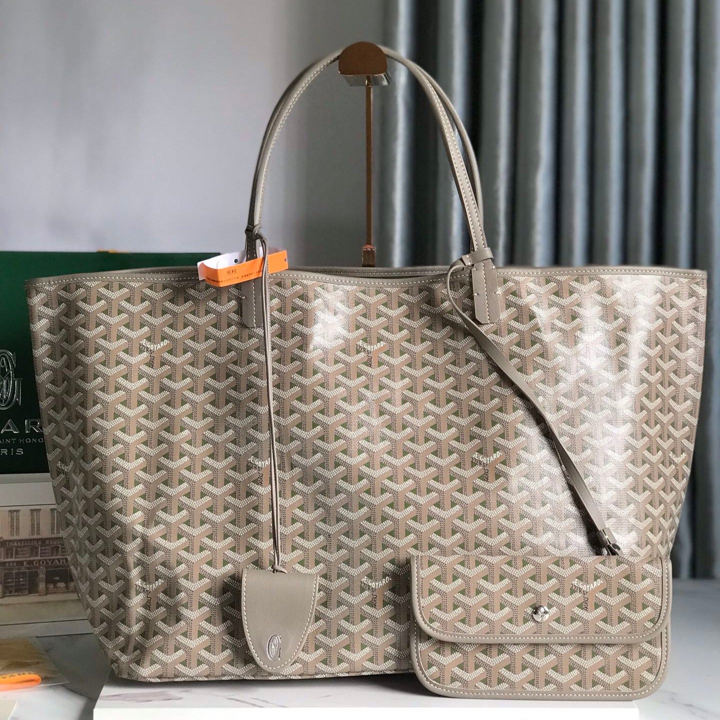 SAINT LOUIS PM 34 IN GREY MIX GREEN GOYARDINE CANVAS AND CALFSKIN