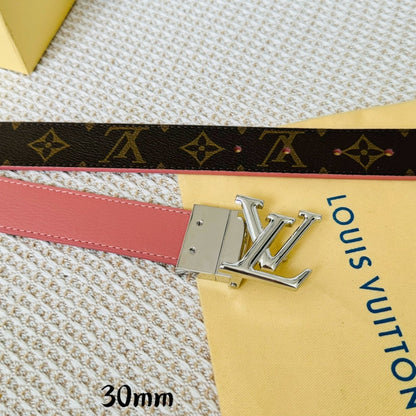 LV Initiales 30mm Reversible Belt Silver Rotating Buckle Pink Brown Leather