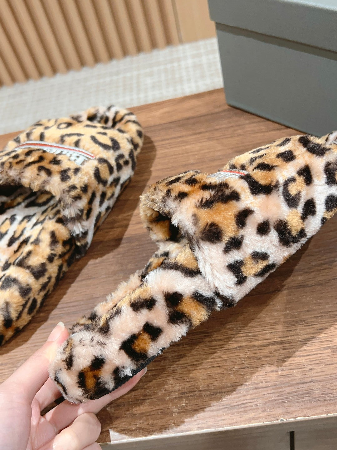 FURRY SLIDES IN LEOPARD PRINT RABBIT FUR