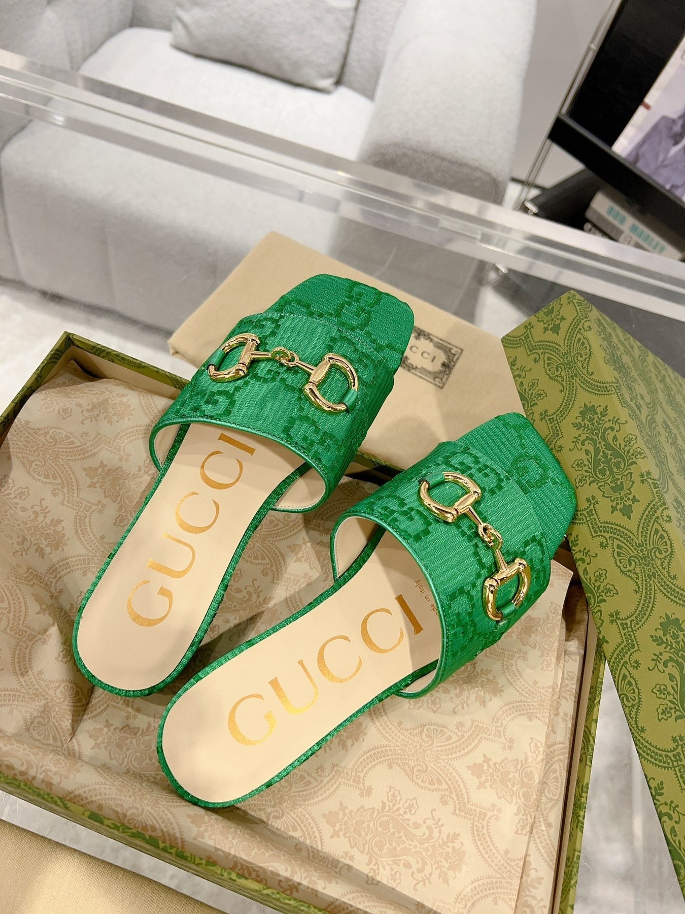 GG CHUNKY SLIDE SANDAL DARK GREEN CALFSKIN