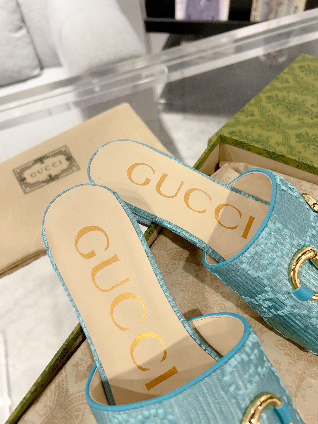 GG CHUNKY SLIDE SANDAL BLUE SKY CALFSKIN