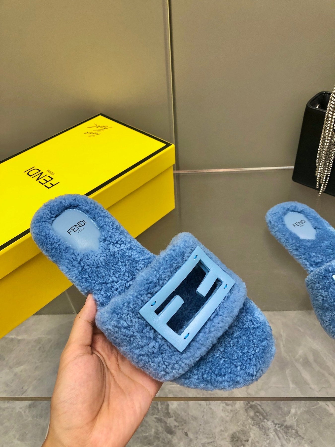 FENDI BAGUETTE SLIDE SLIPPERS IN CERULEAN BLUE WOOL