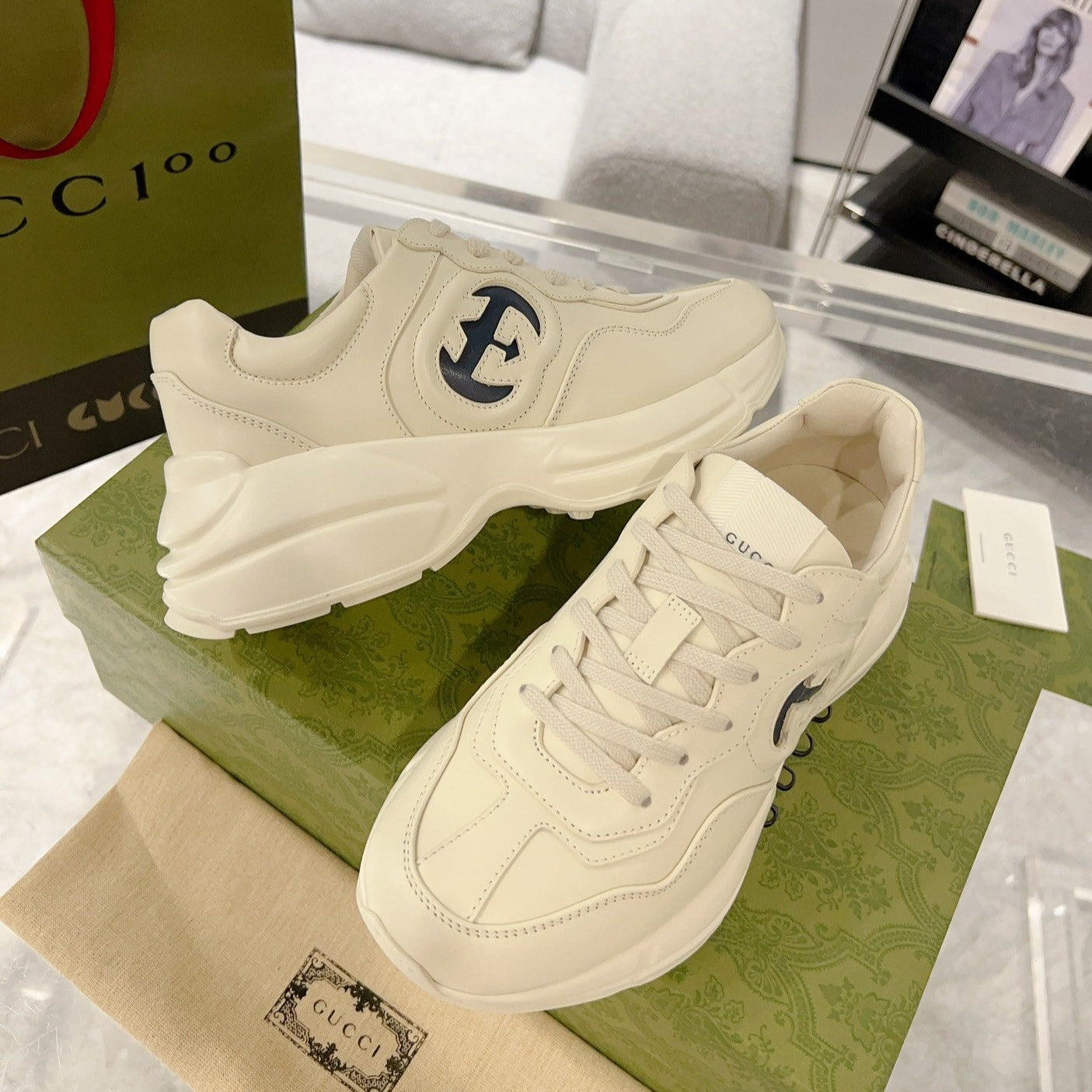 GG Rhyton Trainer Leather White Black