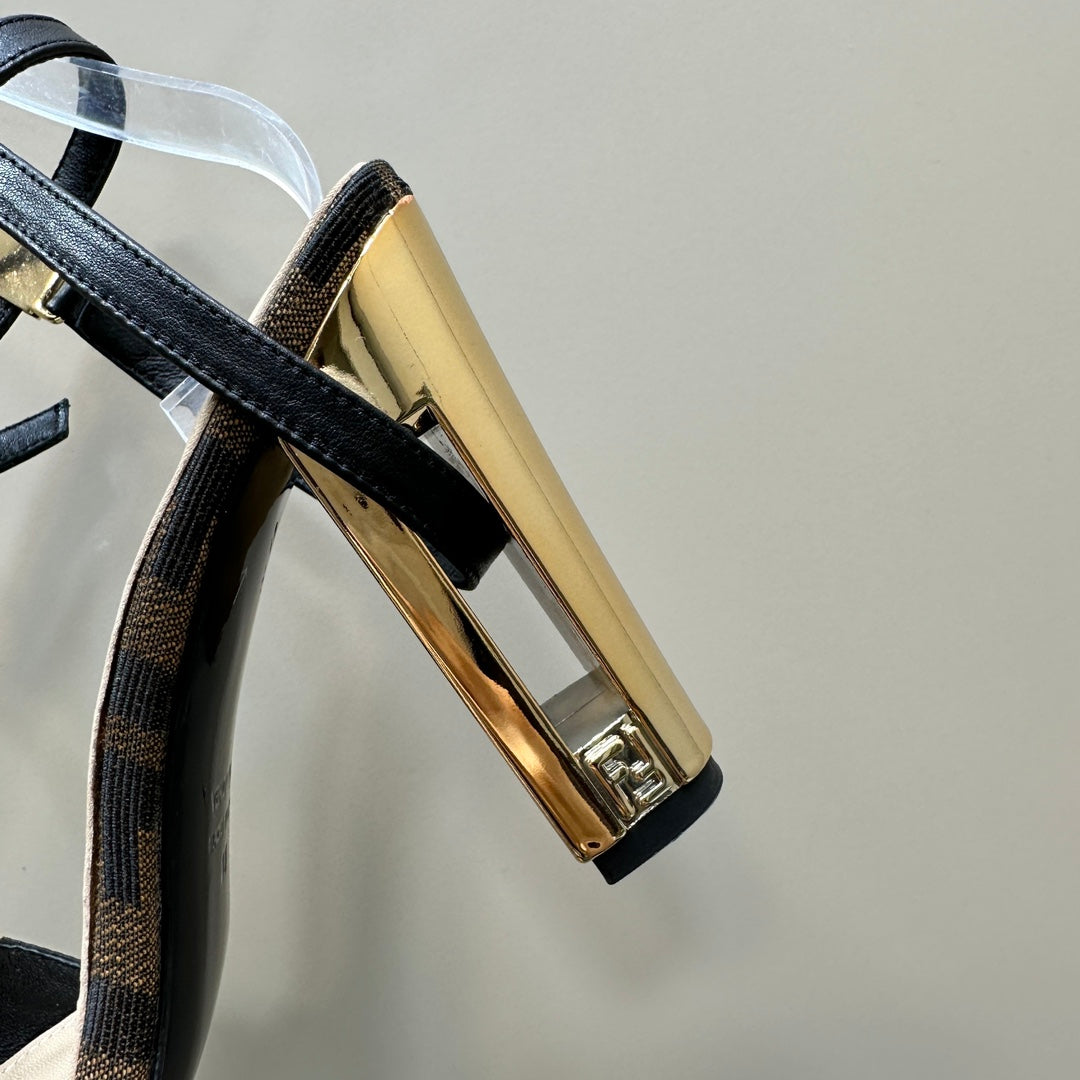FENDI DELFINA HIGH-HEELED 10 CM SANDAL IN BROWN MONOGRAM FF CANVAS