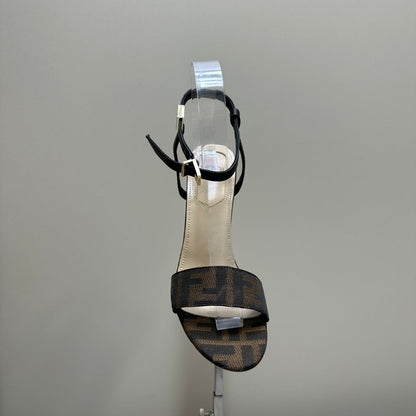 FENDI DELFINA HIGH-HEELED 10 CM SANDAL IN BROWN MONOGRAM FF CANVAS