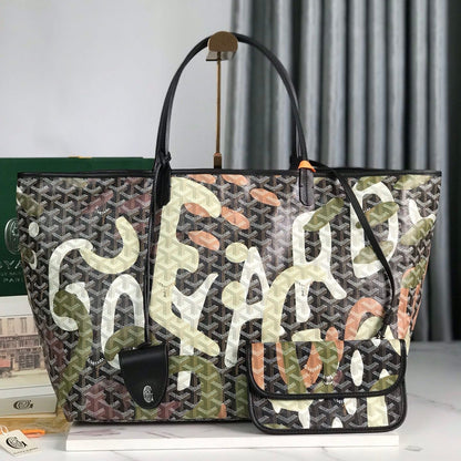 SAINT LOUIS GM BAG 40 IN GREEN LETTRES CAMOUFLAGE GOYARDINE CANVAS