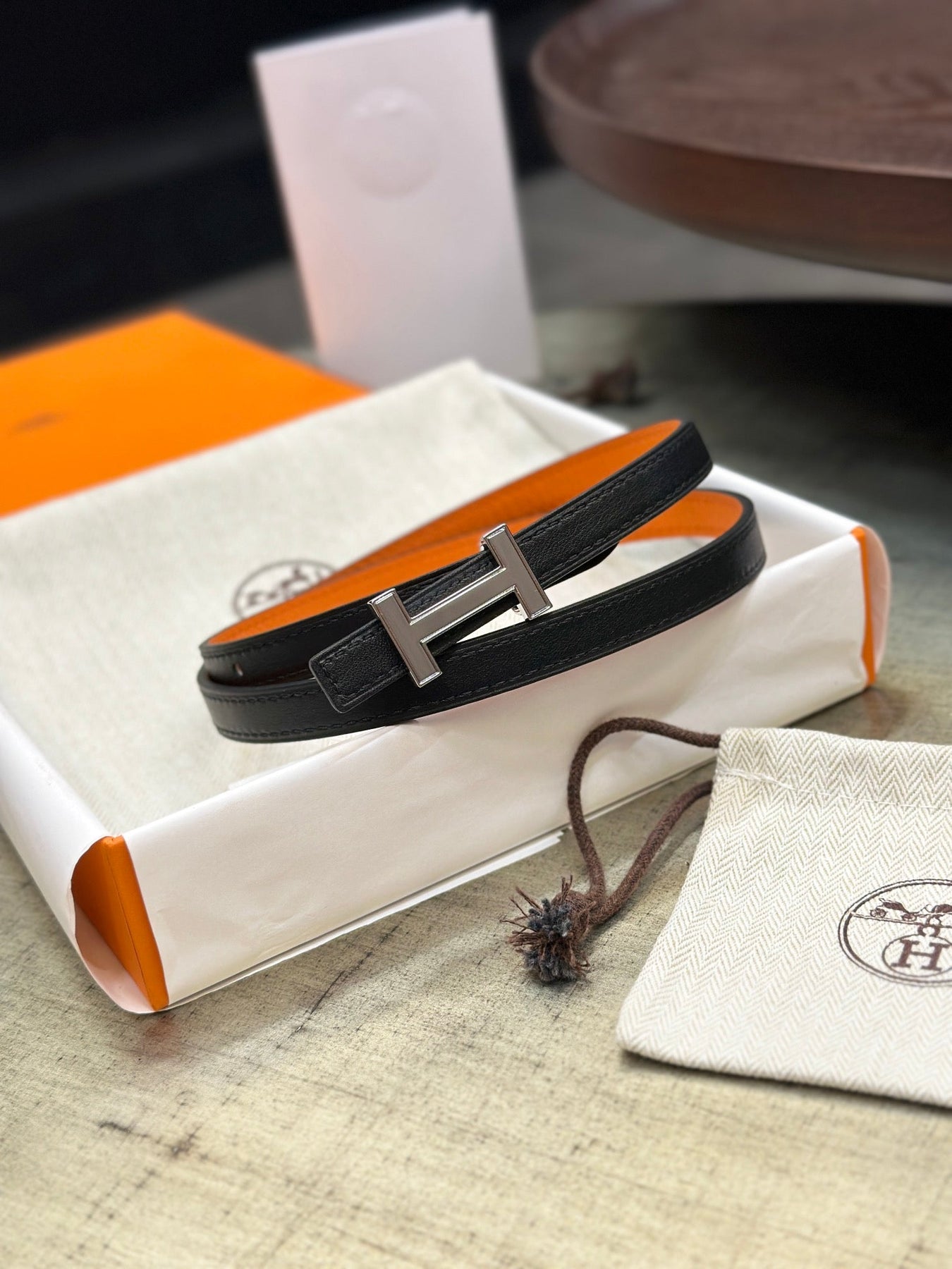 HM FOCUS BUCKLE & REVERSIBLE ORANGE AND BLACK LEATHER STRAP 13MM SILVER HARDWARE
