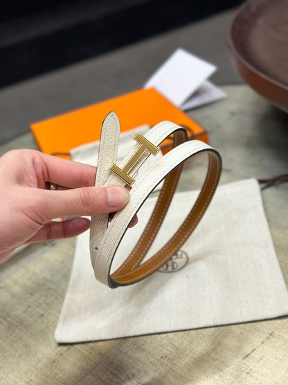 HM FOCUS BUCKLE & REVERSIBLE BRONZE BROWN AND WHITE LEATHER STRAP 13MM GOLD HARDWARE