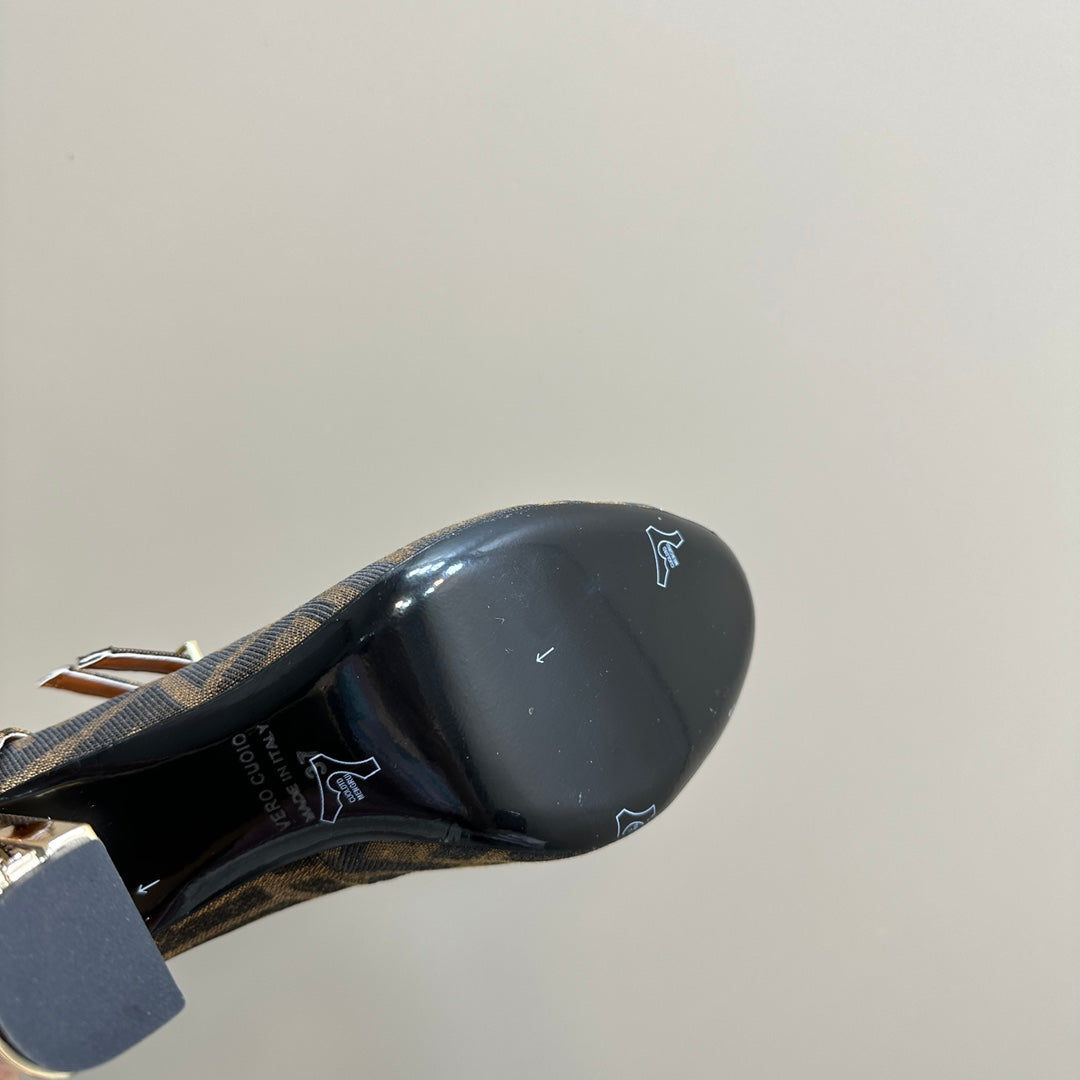 FENDI DELFINA HIGH-HEELED 85 MM SANDAL IN BROWN MONOGRAM FF CANVAS