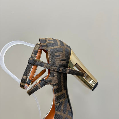 FENDI DELFINA HIGH-HEELED 85 MM SANDAL IN BROWN MONOGRAM FF CANVAS