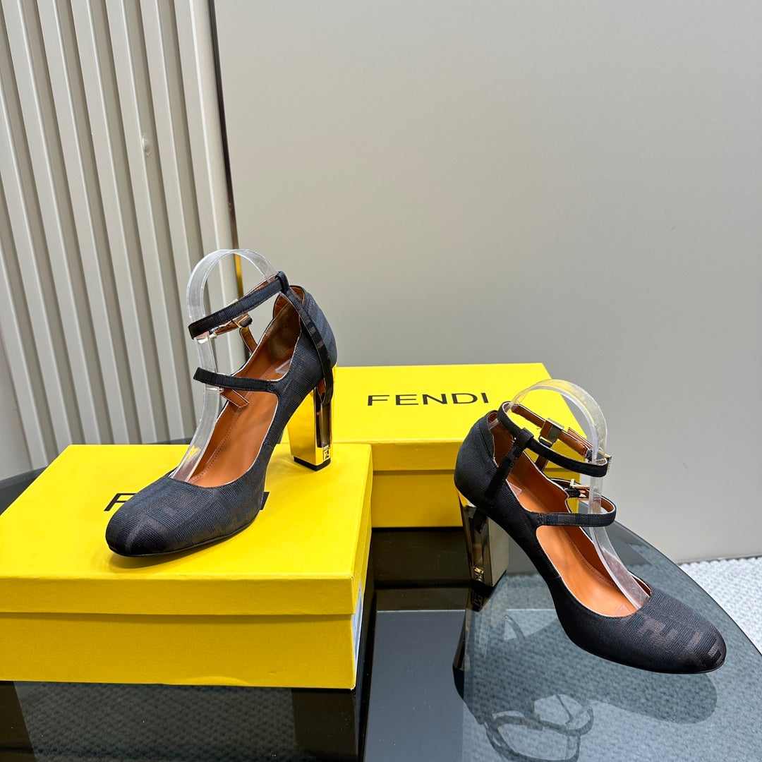 FENDI DELFINA HIGH-HEELED 85 MM SANDAL IN BLACK MONOGRAM FF CANVAS