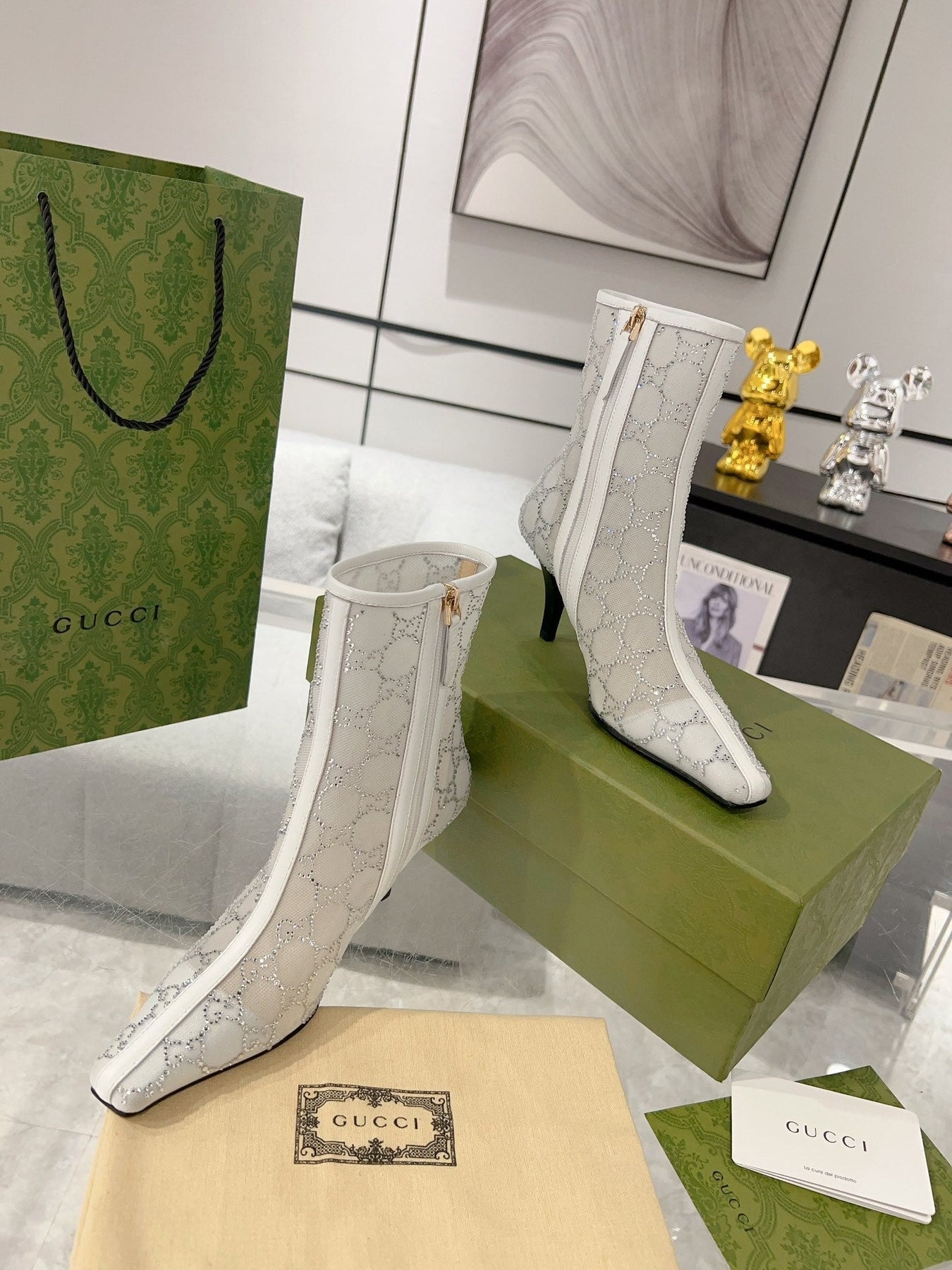 ANKLE BOOTS IN WHITE MESH AND SHEEPSKIN WITH GG CRYSTALS