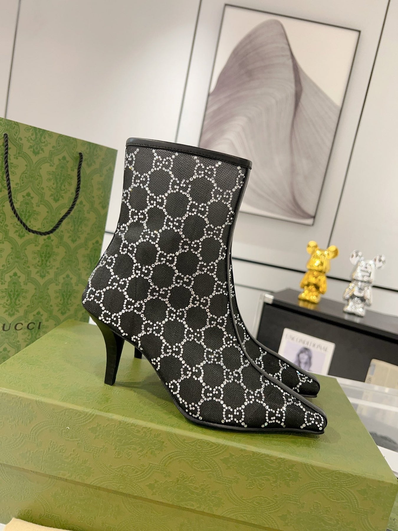 ANKLE BOOTS IN BLACK MESH AND SHEEPSKIN WITH GG CRYSTALS