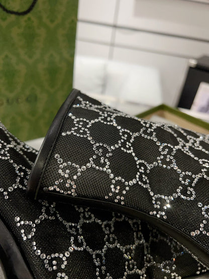 ANKLE BOOTS IN BLACK MESH AND SHEEPSKIN WITH GG CRYSTALS