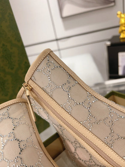 ANKLE BOOTS IN BEIGE MESH AND SHEEPSKIN WITH GG CRYSTALS