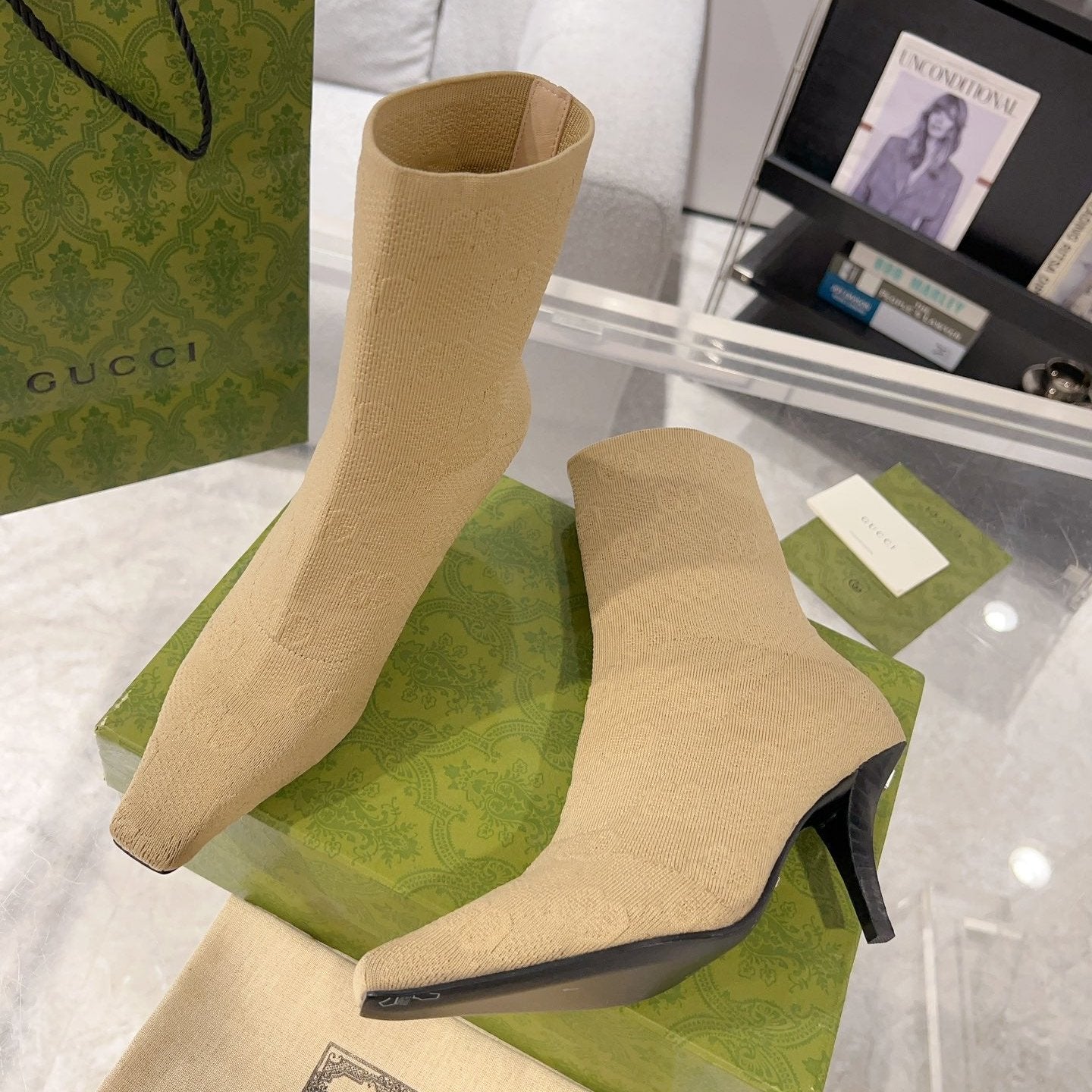 ANKLE BOOTS IN BEIGE KNITTED FABRIC