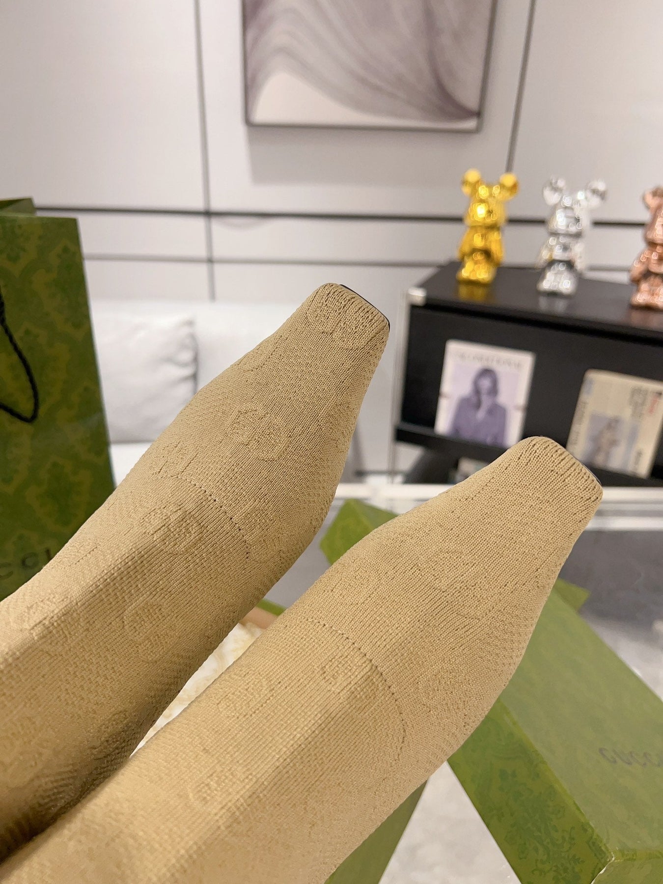 ANKLE BOOTS IN BEIGE KNITTED FABRIC