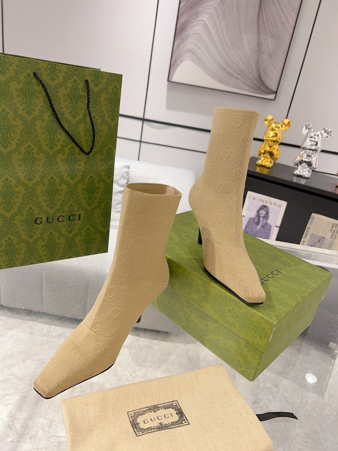 ANKLE BOOTS IN BEIGE KNITTED FABRIC