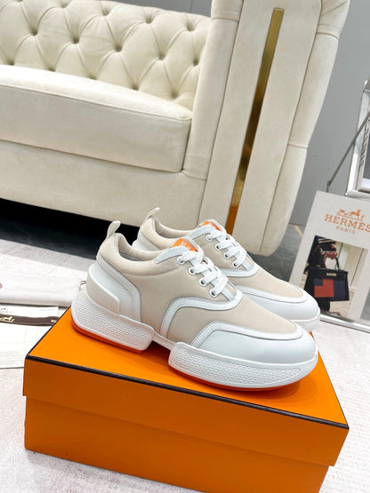 GIGA SNEAKER IN TAN BROWN STITCHED MESH AND WHITE CALFSKIN