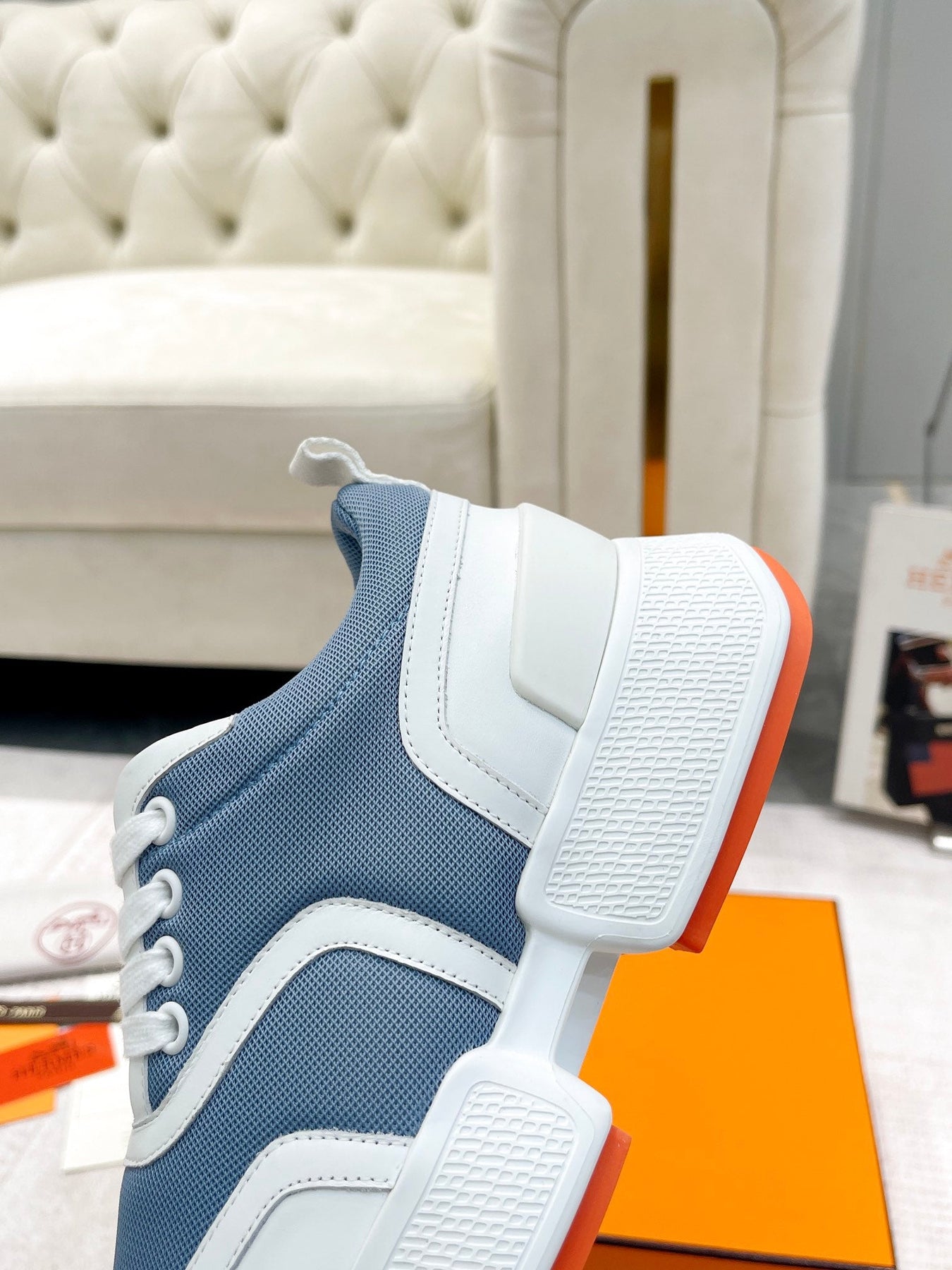 GIGA SNEAKER IN AEGEAN BLUE STITCHED MESH AND WHITE CALFSKIN