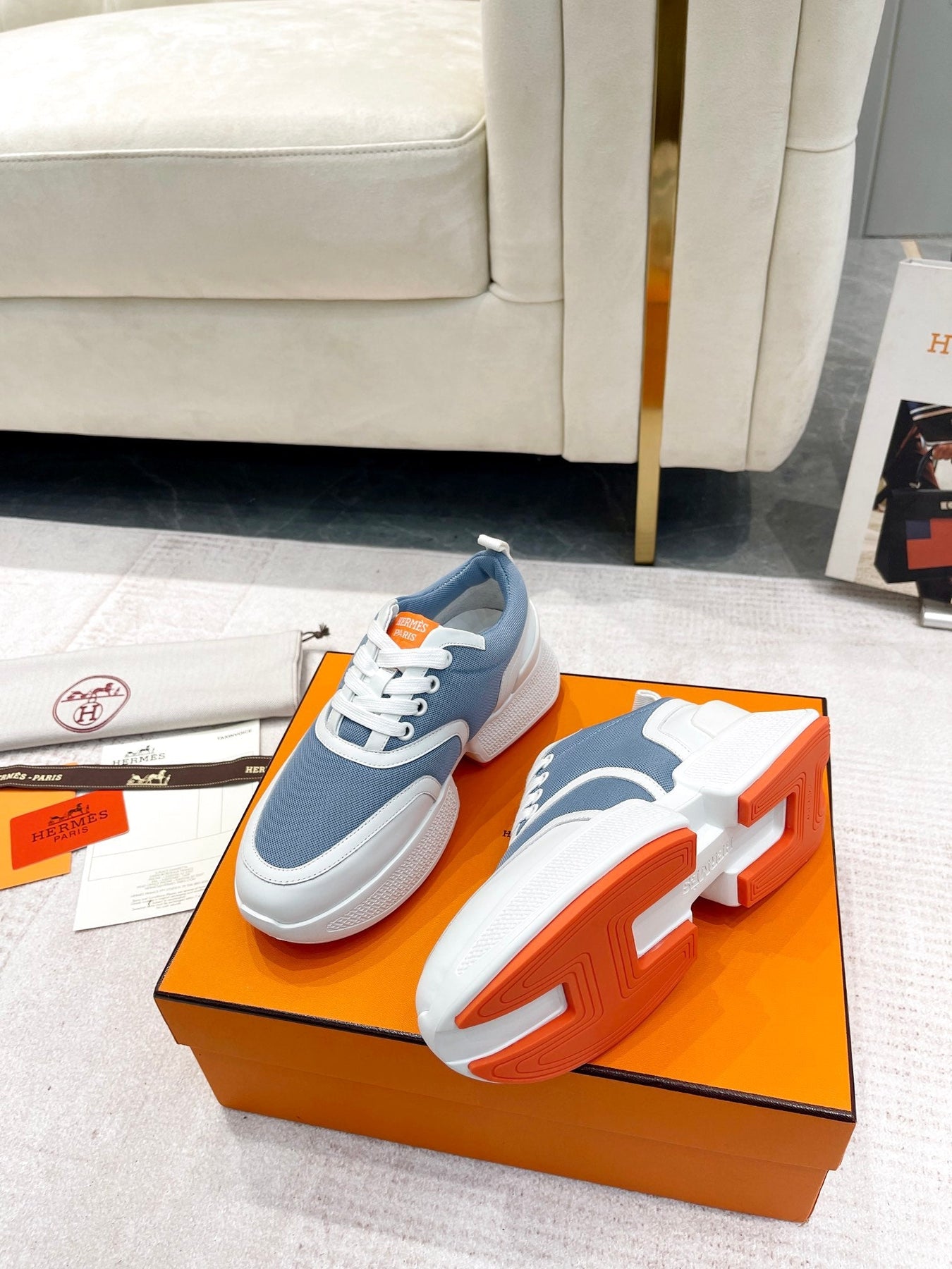 GIGA SNEAKER IN AEGEAN BLUE STITCHED MESH AND WHITE CALFSKIN