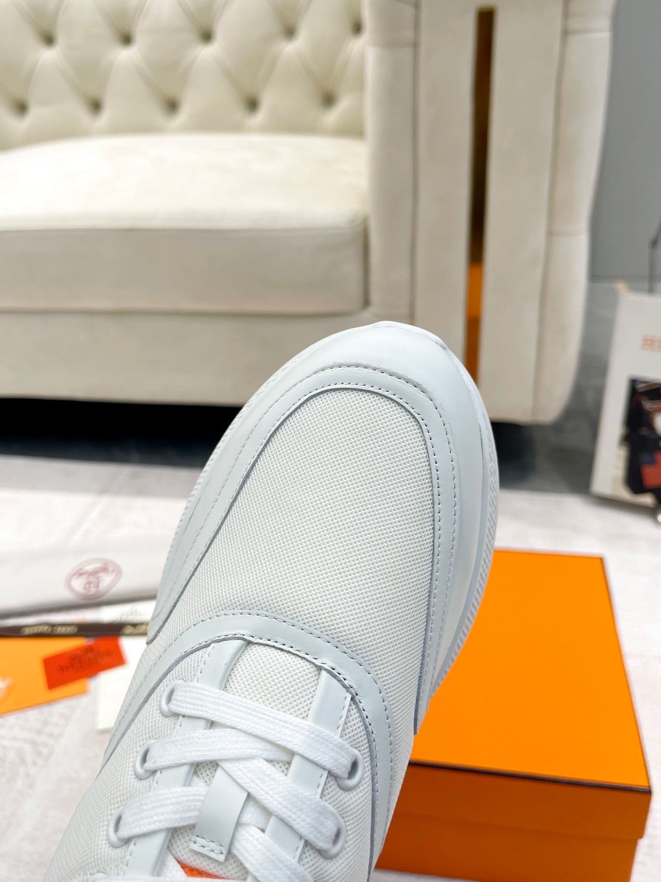 GIGA SNEAKER IN WHITE CREAM STITCHED MESH AND CALFSKIN