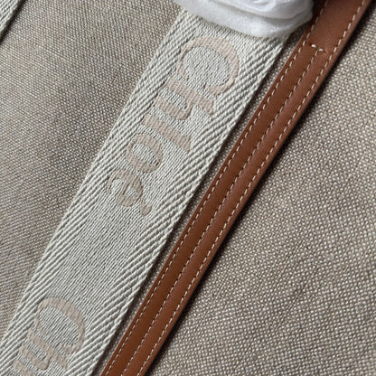 LAGRE WOODY TOTE BAG 45 IN BEIGE LINEN CANVAS WEBBING LOGO EMBROIDERY BROWN CALFSKIN