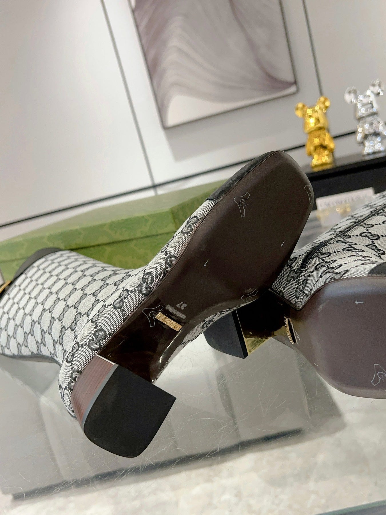 GG KNEE BOOTS IN LIGHT GRAY MONOGRAM CANVAS AND BLACK GLOSSY SHEEPSKIN