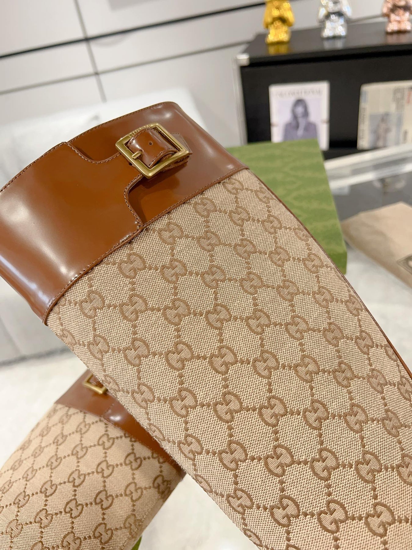 GG KNEE BOOTS IN BRONZE BROWN MONOGRAM CANVAS AND GLOSSY SHEEPSKIN