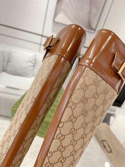 GG KNEE BOOTS IN BRONZE BROWN MONOGRAM CANVAS AND GLOSSY SHEEPSKIN