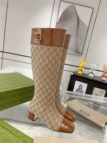 GG KNEE BOOTS IN BRONZE BROWN MONOGRAM CANVAS AND GLOSSY SHEEPSKIN