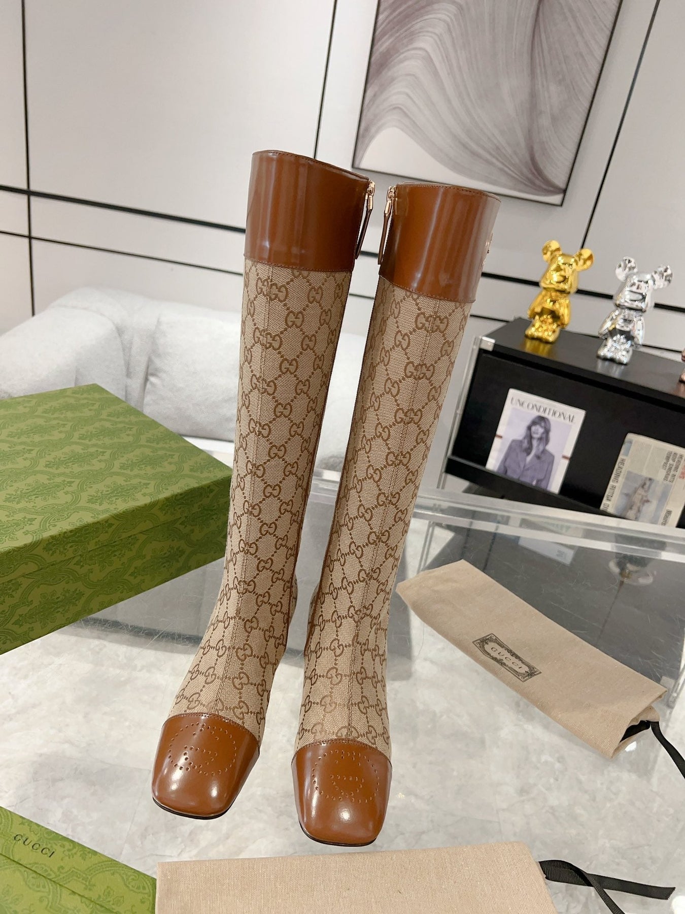 GG KNEE BOOTS IN BRONZE BROWN MONOGRAM CANVAS AND GLOSSY SHEEPSKIN