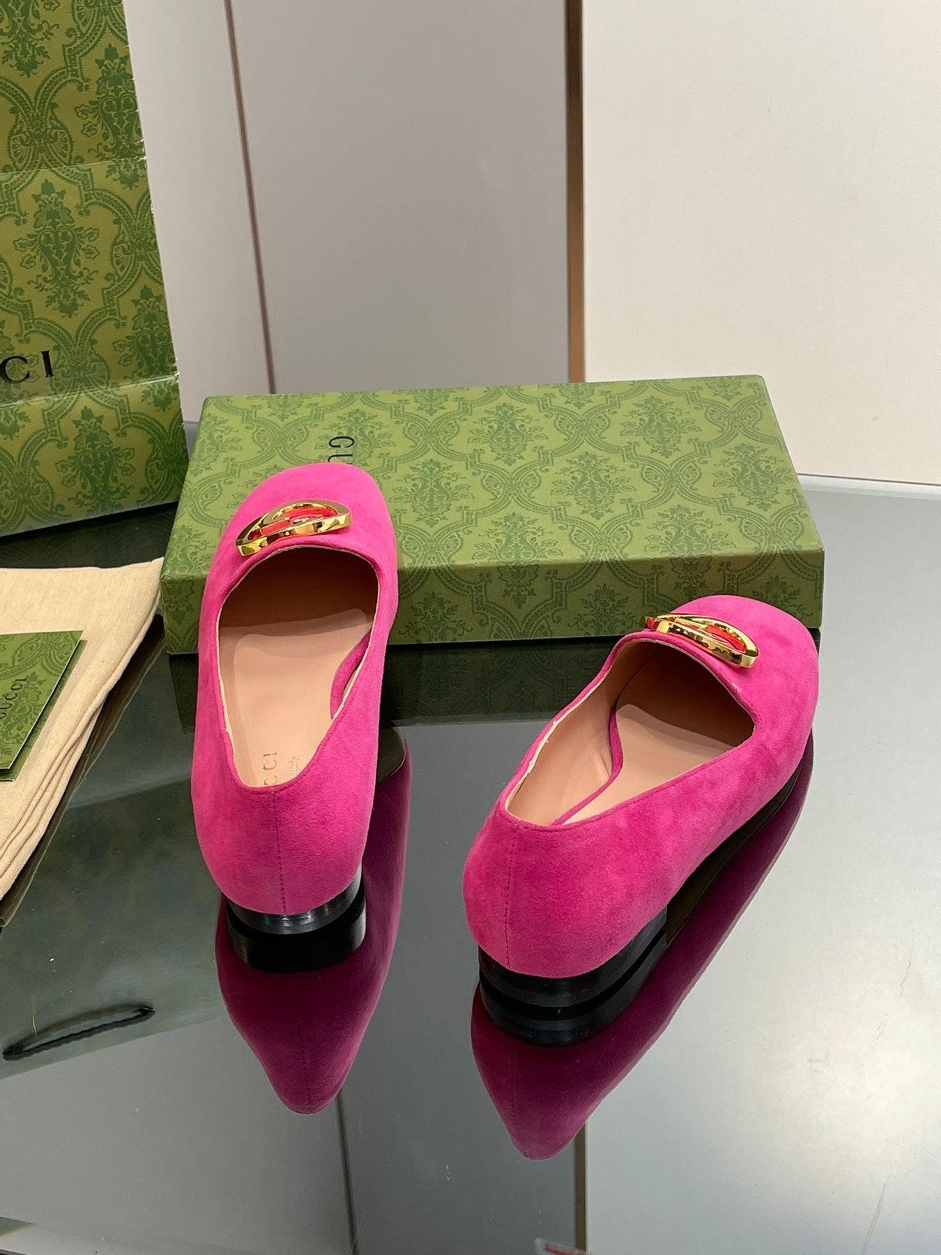 BLONDIE LOGO-PLAQUE LOAFERS IN FUSCIA PINK SUEDE WITH GOLD HARDWARE