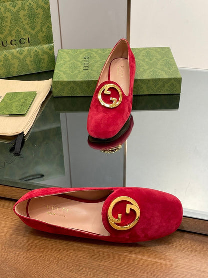 BLONDIE LOGO-PLAQUE LOAFERS IN CRIMSON RED SUEDE WITH GOLD HARDWARE