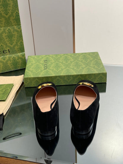 BLONDIE LOGO-PLAQUE LOAFERS IN BLACK SUEDE WITH GOLD HARDWARE