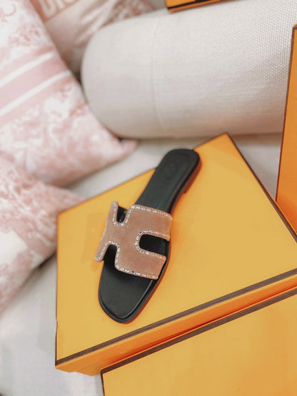 0ran Sandal Calfskin Rhinestone Brown