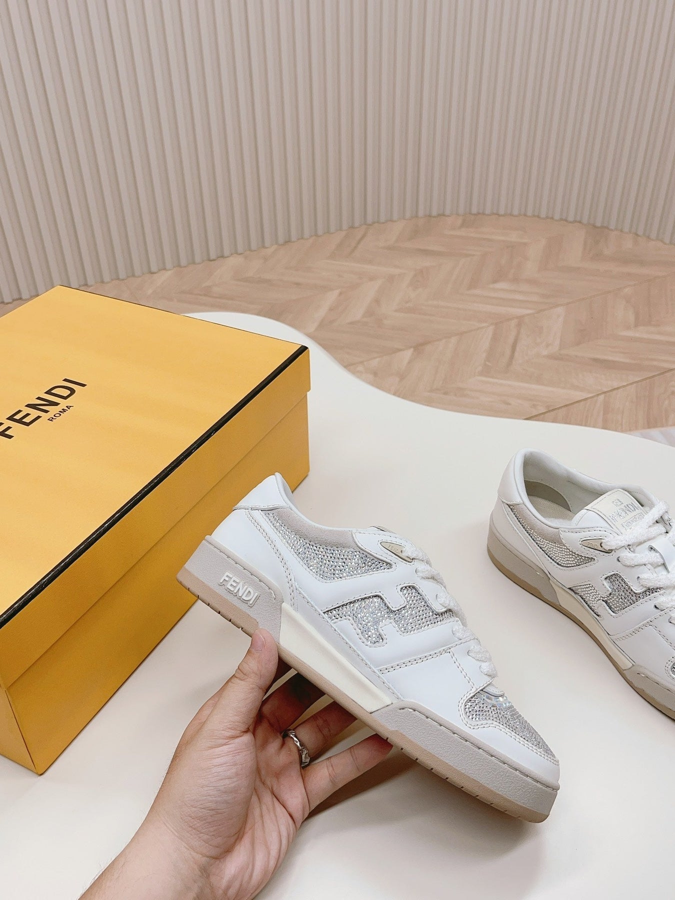 FENDI CASUAL SNEAKER IN WHITE CALFSKIN ATTACH RHINSTONES