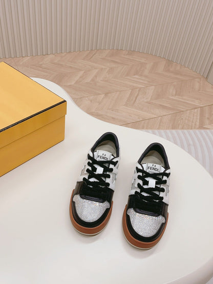 FENDI CASUAL SNEAKER IN BLACK MIX WHITE CALFSKIN ATTACH RHINSTONES