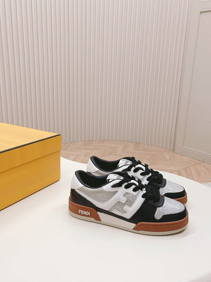 FENDI CASUAL SNEAKER IN BLACK MIX WHITE CALFSKIN ATTACH RHINSTONES
