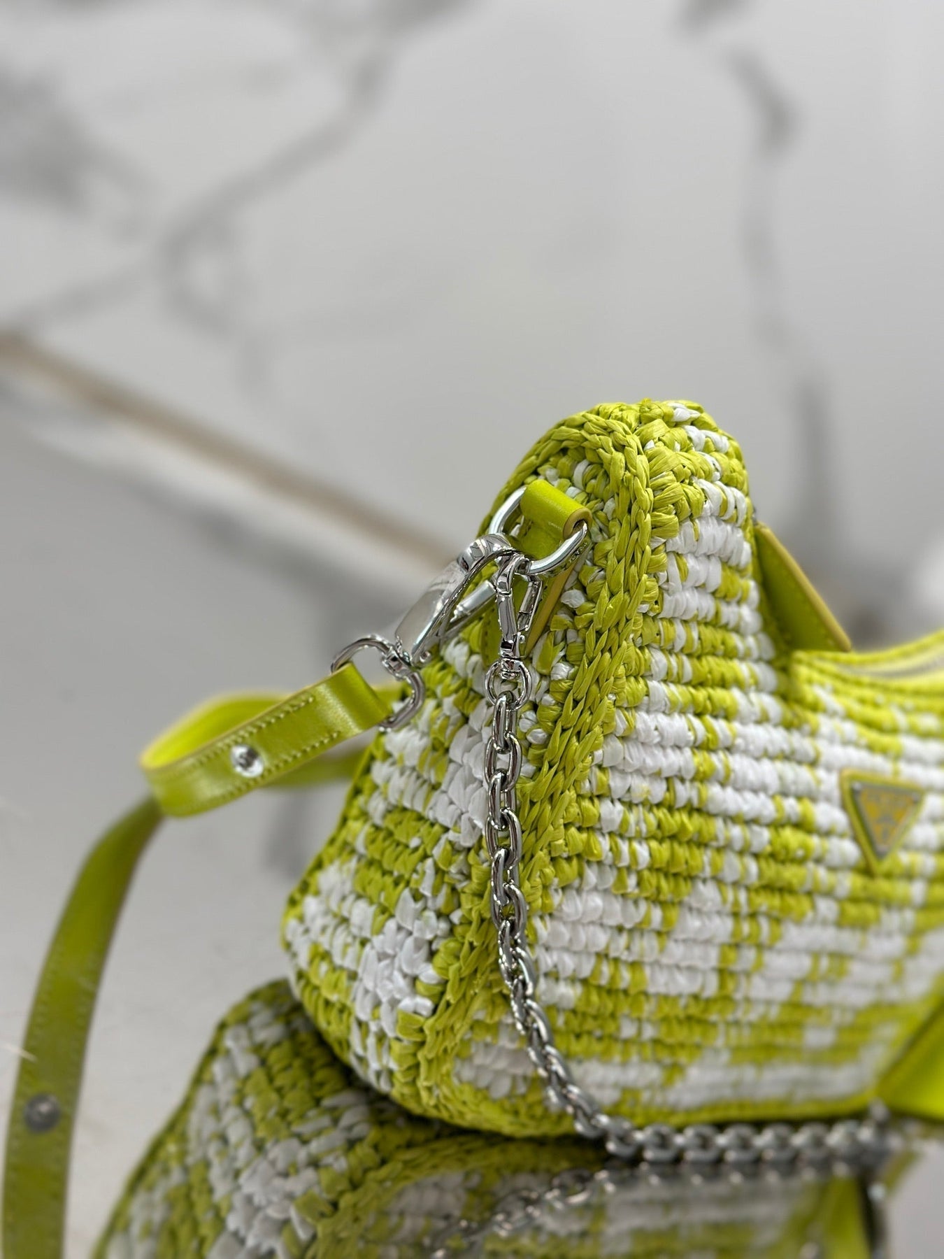 CROCHET HOBO BAG 22 IN VOLT GREEN MIX WHITE RAFFIA SILVER HARDWARE