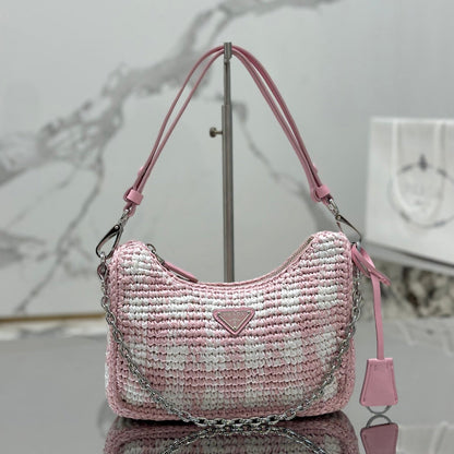 CROCHET HOBO BAG 22 IN PINK MIX WHITE RAFFIA SILVER HARDWARE