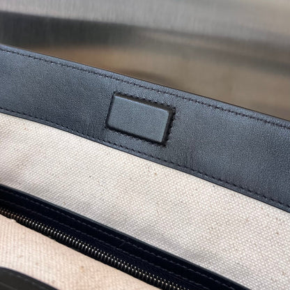 PORTELLO 41 TOTE IN BLACK CALFSKIN AND WHITE CANVAS