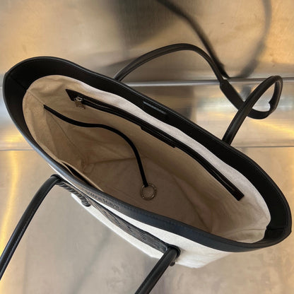 PORTELLO 41 TOTE IN BLACK CALFSKIN AND WHITE CANVAS