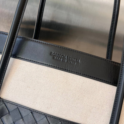 PORTELLO 41 TOTE IN BLACK CALFSKIN AND WHITE CANVAS