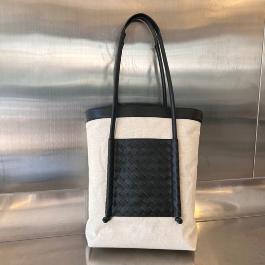 PORTELLO 41 TOTE IN BLACK CALFSKIN AND WHITE CANVAS